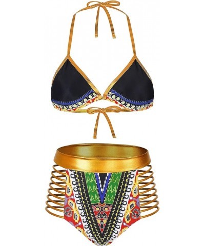 Women Tribal Print Bikini African Metallic Swimsuit Two Piece Beachwear Cutout Halter Neck Bathing Suit Swimwear Black $10.32...