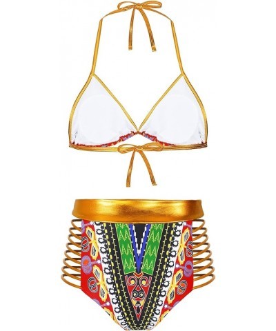 Women Tribal Print Bikini African Metallic Swimsuit Two Piece Beachwear Cutout Halter Neck Bathing Suit Swimwear Black $10.32...