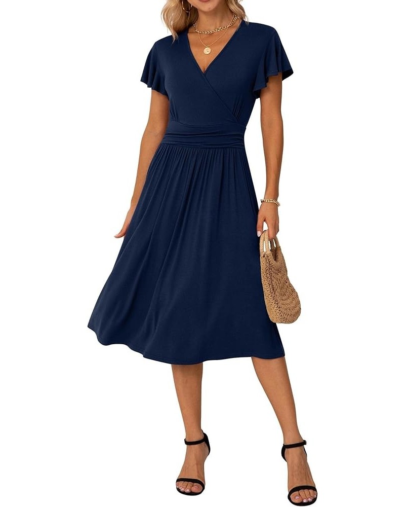 Spring Summer Dress for Women Casual Ruffle Short/Long Sleeve Wrap V-Neck Dress with Pockets A02 Navy Blue $17.60 Dresses