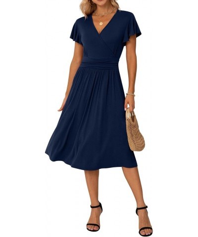 Spring Summer Dress for Women Casual Ruffle Short/Long Sleeve Wrap V-Neck Dress with Pockets A02 Navy Blue $17.60 Dresses