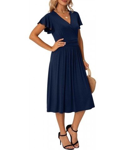 Spring Summer Dress for Women Casual Ruffle Short/Long Sleeve Wrap V-Neck Dress with Pockets A02 Navy Blue $17.60 Dresses