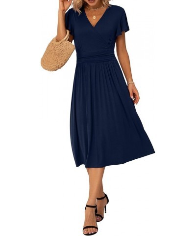 Spring Summer Dress for Women Casual Ruffle Short/Long Sleeve Wrap V-Neck Dress with Pockets A02 Navy Blue $17.60 Dresses