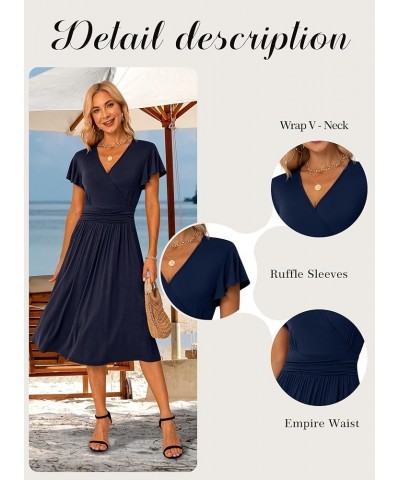 Spring Summer Dress for Women Casual Ruffle Short/Long Sleeve Wrap V-Neck Dress with Pockets A02 Navy Blue $17.60 Dresses