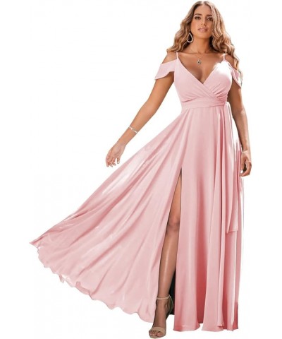 Women's Off Shoulder Bridesmaid Dresses Long Chiffon V Neck Spaghetti A-Line Formal Dress with Slit AC18 Blush Pink $33.14 Dr...