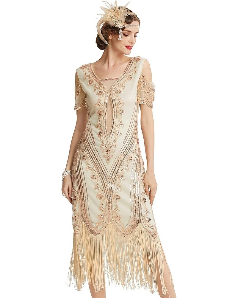 Womens Flapper Dress Roaring 20s Vintage Dress Long Fringed Gatsby Dress Apricot $31.79 Dresses