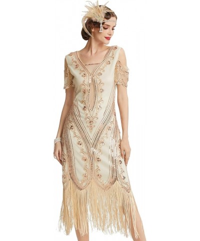 Womens Flapper Dress Roaring 20s Vintage Dress Long Fringed Gatsby Dress Apricot $31.79 Dresses