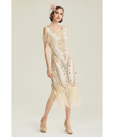 Womens Flapper Dress Roaring 20s Vintage Dress Long Fringed Gatsby Dress Apricot $31.79 Dresses