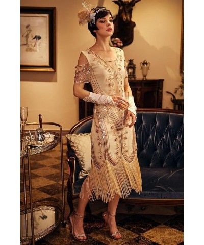 Womens Flapper Dress Roaring 20s Vintage Dress Long Fringed Gatsby Dress Apricot $31.79 Dresses