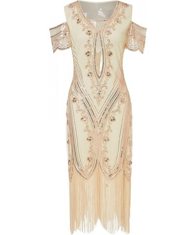 Womens Flapper Dress Roaring 20s Vintage Dress Long Fringed Gatsby Dress Apricot $31.79 Dresses