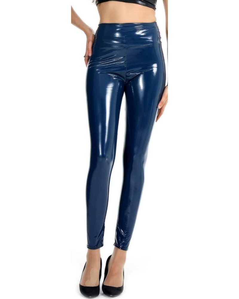 High Waisted Faux Leather Leggings for Women Shiny Latex Pants Sexy Punk Black PU Tight Trousers Navy $11.24 Leggings