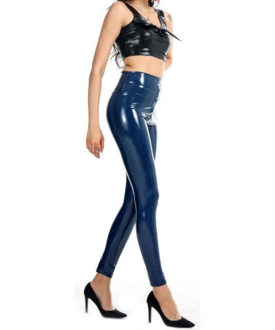 High Waisted Faux Leather Leggings for Women Shiny Latex Pants Sexy Punk Black PU Tight Trousers Navy $11.24 Leggings