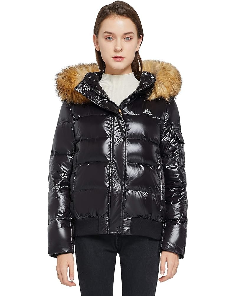 Women's Thickened Winter Bubble Down Coat Shiny Puffer Jacket with Fur Hood Caviar $41.85 Jackets