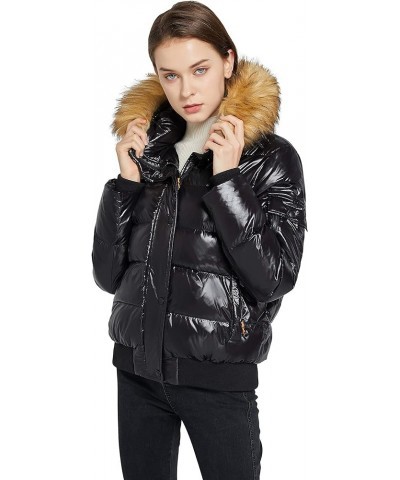 Women's Thickened Winter Bubble Down Coat Shiny Puffer Jacket with Fur Hood Caviar $41.85 Jackets