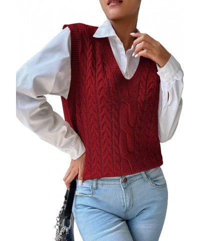 Womens V Neck Sweater Vest School Uniform Vest Striped Cable Knit Sleeveless Sweater Tops B Red $13.33 Sweaters