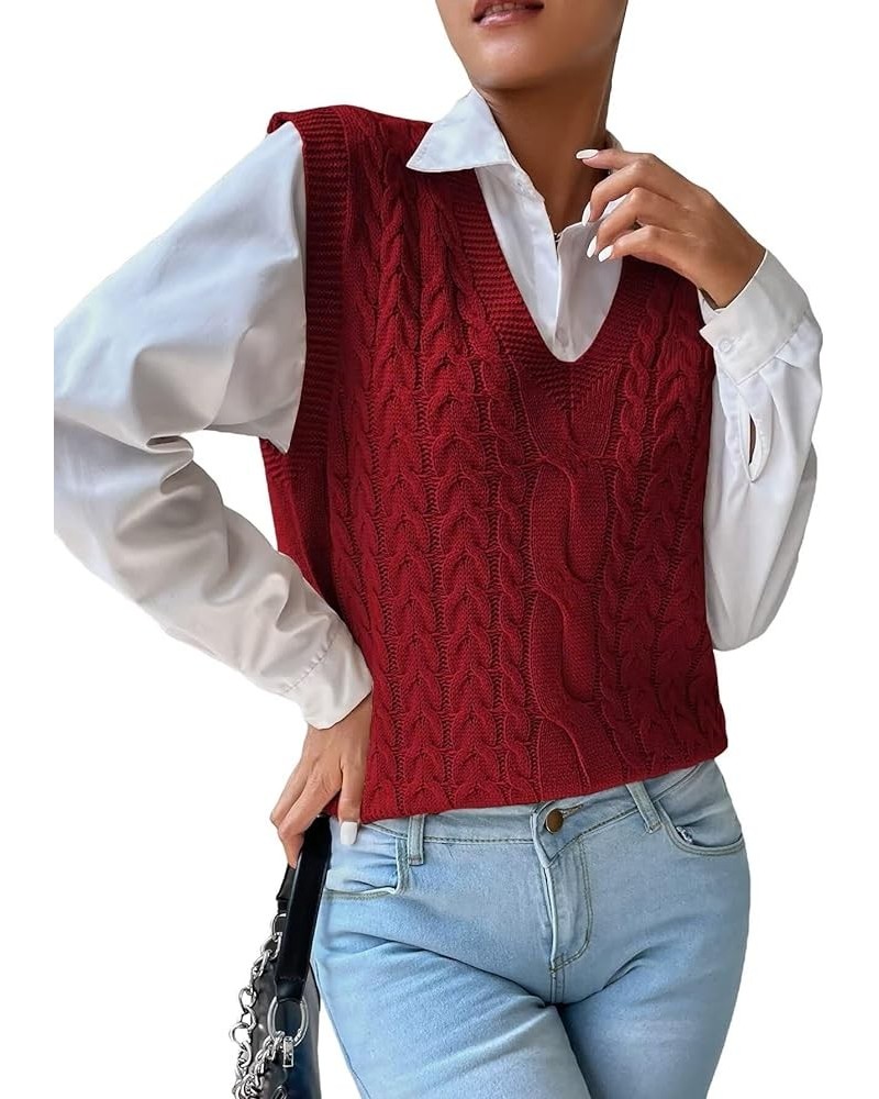 Womens V Neck Sweater Vest School Uniform Vest Striped Cable Knit Sleeveless Sweater Tops B Red $13.33 Sweaters