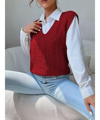 Womens V Neck Sweater Vest School Uniform Vest Striped Cable Knit Sleeveless Sweater Tops B Red $13.33 Sweaters