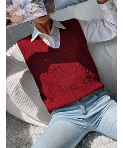 Womens V Neck Sweater Vest School Uniform Vest Striped Cable Knit Sleeveless Sweater Tops B Red $13.33 Sweaters