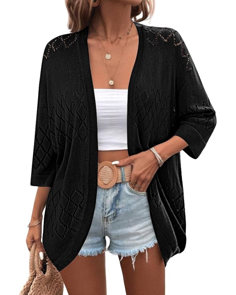 Womens 2024 Lightweight Crochet Cardigan Sweaters Open Front 3/4 Sleeve Knit Kimono Summer Boho Cover Up Black $16.21 Sweaters