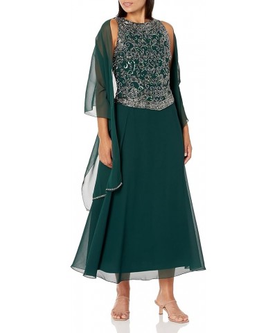 Women's Petite Long Beaded V Trim Detail Gown with Scarf Hunter/Multi $58.61 Dresses