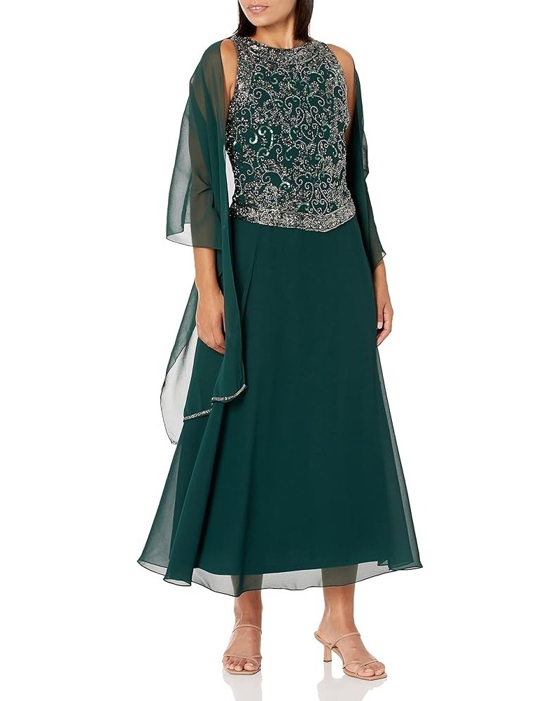 Women's Petite Long Beaded V Trim Detail Gown with Scarf Hunter/Multi $58.61 Dresses