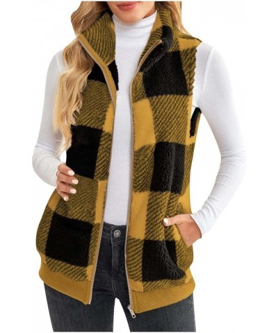 Womens Fashion Plaid Fleece Vest Casual Fuzzy Sleeveless Fuzzy Sherpa Vest Fluffy Zipper Jacket Warm Outerwear F09-yellow $9....