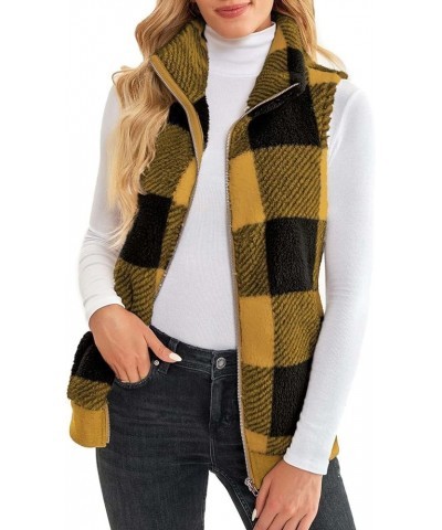 Womens Fashion Plaid Fleece Vest Casual Fuzzy Sleeveless Fuzzy Sherpa Vest Fluffy Zipper Jacket Warm Outerwear F09-yellow $9....