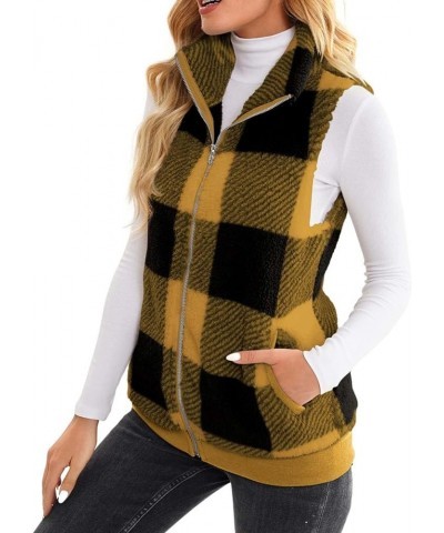 Womens Fashion Plaid Fleece Vest Casual Fuzzy Sleeveless Fuzzy Sherpa Vest Fluffy Zipper Jacket Warm Outerwear F09-yellow $9....