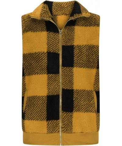 Womens Fashion Plaid Fleece Vest Casual Fuzzy Sleeveless Fuzzy Sherpa Vest Fluffy Zipper Jacket Warm Outerwear F09-yellow $9....