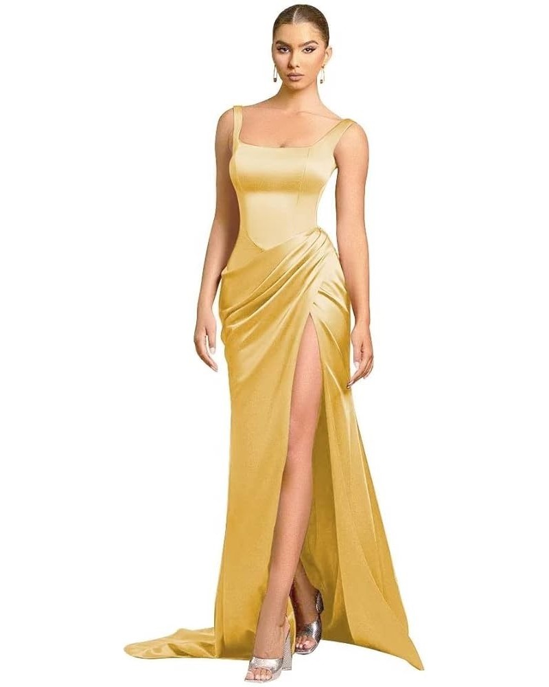 Mermaid Satin Bridesmaid Dresses Long Ruched Prom Dresses for Women Slit Formal Evening Party Gowns Gold $34.44 Dresses