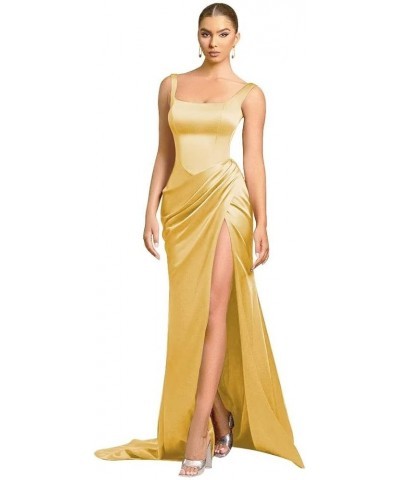 Mermaid Satin Bridesmaid Dresses Long Ruched Prom Dresses for Women Slit Formal Evening Party Gowns Gold $34.44 Dresses