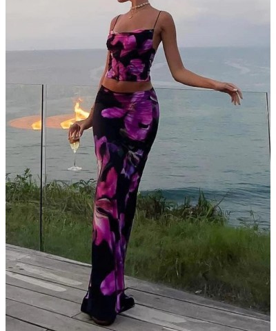 Floral Print Two Piece Skirt Sets Straps Crop Top and Split Midi Skirt Suit Slim Elegant 2Pcs Beach Holiday Outfits Purple $1...