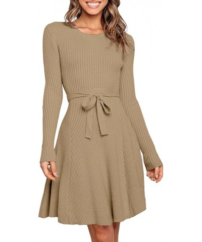 Women's Crewneck Long Sleeve Tie Waist A-Line Swing Bodycon Short Dress Casual Solid Ribbed Knit Sweater Dress Khaki $28.61 S...