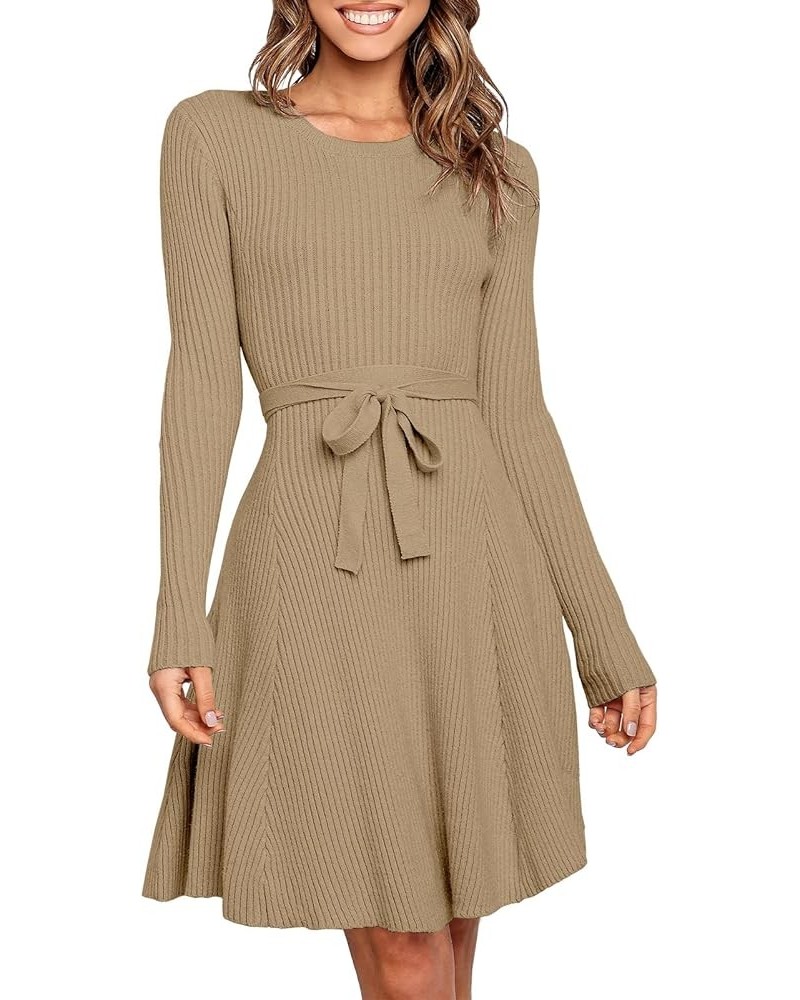 Women's Crewneck Long Sleeve Tie Waist A-Line Swing Bodycon Short Dress Casual Solid Ribbed Knit Sweater Dress Khaki $28.61 S...