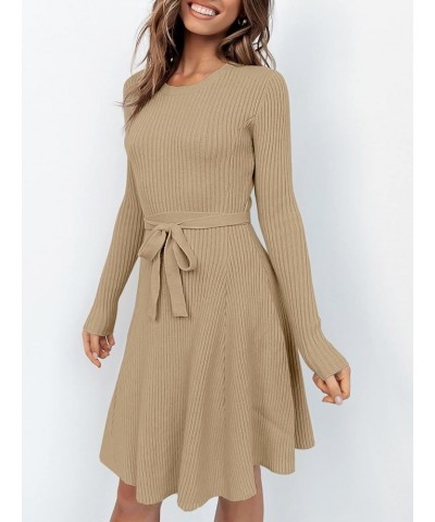 Women's Crewneck Long Sleeve Tie Waist A-Line Swing Bodycon Short Dress Casual Solid Ribbed Knit Sweater Dress Khaki $28.61 S...