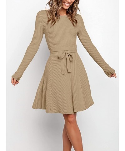 Women's Crewneck Long Sleeve Tie Waist A-Line Swing Bodycon Short Dress Casual Solid Ribbed Knit Sweater Dress Khaki $28.61 S...