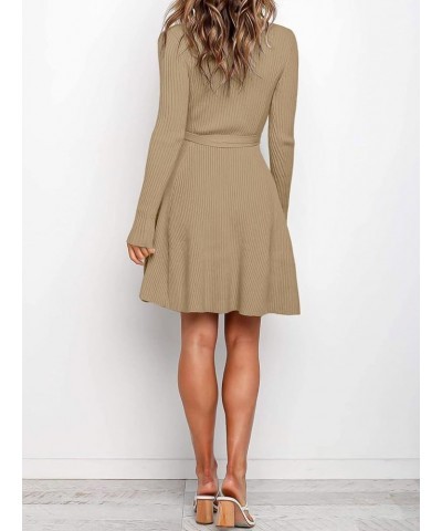 Women's Crewneck Long Sleeve Tie Waist A-Line Swing Bodycon Short Dress Casual Solid Ribbed Knit Sweater Dress Khaki $28.61 S...