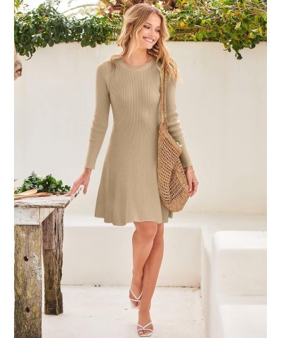 Women's Crewneck Long Sleeve Tie Waist A-Line Swing Bodycon Short Dress Casual Solid Ribbed Knit Sweater Dress Khaki $28.61 S...