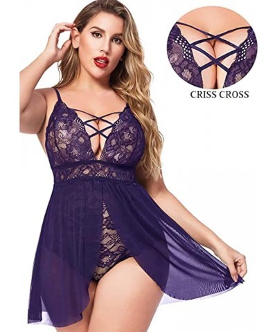 Women's Babydoll Lingerie Dress Teddy Chemise Nightie Lace Nightgown Plus Size Sexy Nightwear See Through Underwear A01♥purpl...