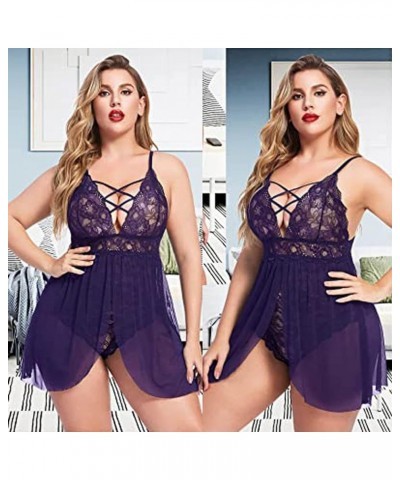 Women's Babydoll Lingerie Dress Teddy Chemise Nightie Lace Nightgown Plus Size Sexy Nightwear See Through Underwear A01♥purpl...