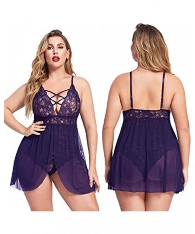 Women's Babydoll Lingerie Dress Teddy Chemise Nightie Lace Nightgown Plus Size Sexy Nightwear See Through Underwear A01♥purpl...