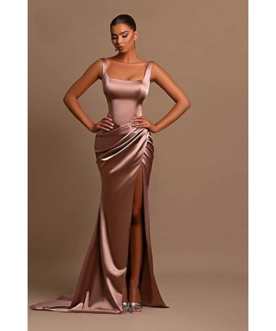 Mermaid Satin Bridesmaid Dresses Long Ruched Prom Dresses for Women Slit Formal Evening Party Gowns Gold $34.44 Dresses