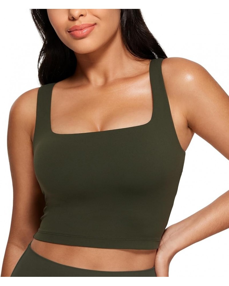 Butterluxe Womens Square Neck Longline Sports Bra - Workout Crop Tank Tops Padded with Built in Shelf Yoga Bra Olive Green $2...