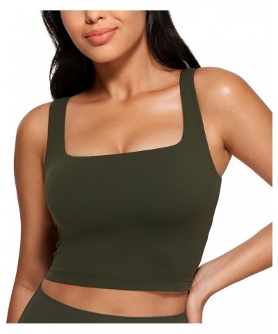 Butterluxe Womens Square Neck Longline Sports Bra - Workout Crop Tank Tops Padded with Built in Shelf Yoga Bra Olive Green $2...