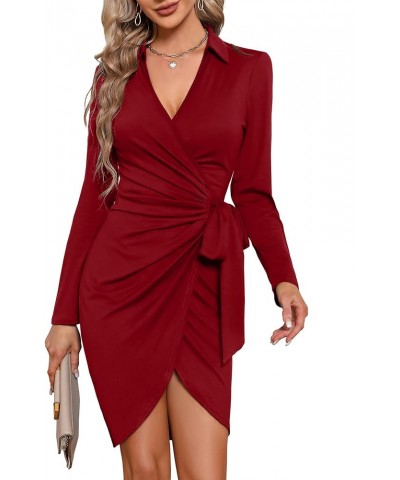 Women's Sexy V Neck Long Sleeve Wrap Tie Waist Ruched Bodycon Fall Party Cocktail Dress 01-wine Red $18.97 Dresses