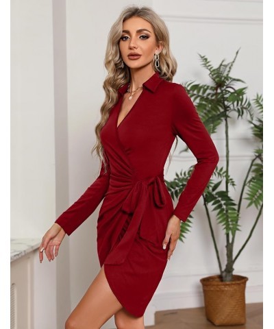 Women's Sexy V Neck Long Sleeve Wrap Tie Waist Ruched Bodycon Fall Party Cocktail Dress 01-wine Red $18.97 Dresses