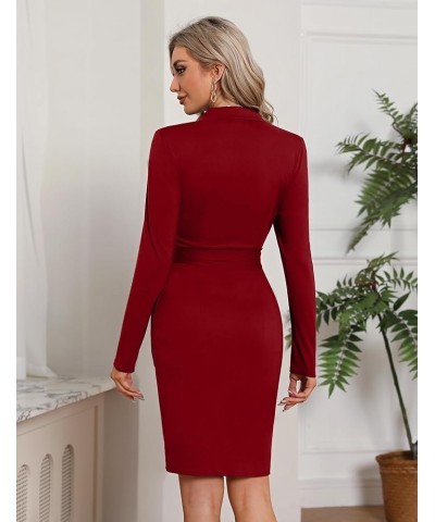 Women's Sexy V Neck Long Sleeve Wrap Tie Waist Ruched Bodycon Fall Party Cocktail Dress 01-wine Red $18.97 Dresses