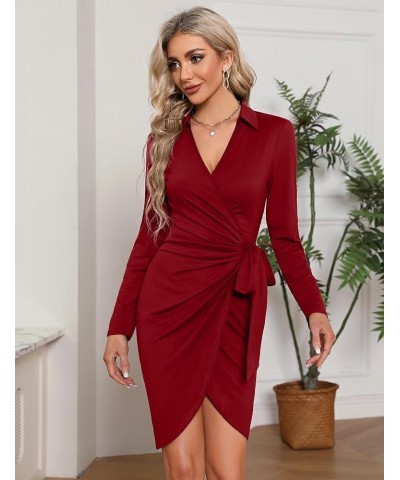 Women's Sexy V Neck Long Sleeve Wrap Tie Waist Ruched Bodycon Fall Party Cocktail Dress 01-wine Red $18.97 Dresses