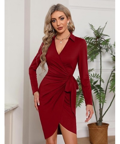 Women's Sexy V Neck Long Sleeve Wrap Tie Waist Ruched Bodycon Fall Party Cocktail Dress 01-wine Red $18.97 Dresses