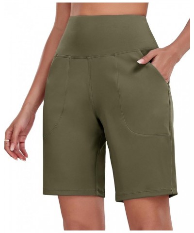 Women's High Waisted Shorts Yoga Workout Bermuda Long Hiking Shorts with Pockets 10 Inches 10" Olive Green $11.11 Activewear