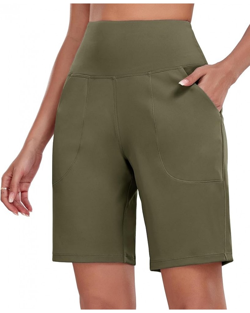 Women's High Waisted Shorts Yoga Workout Bermuda Long Hiking Shorts with Pockets 10 Inches 10" Olive Green $11.11 Activewear